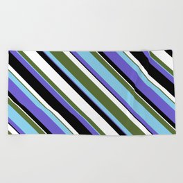 [ Thumbnail: Dark Olive Green, Sky Blue, Slate Blue, Black, and White Colored Lined Pattern Beach Towel ]