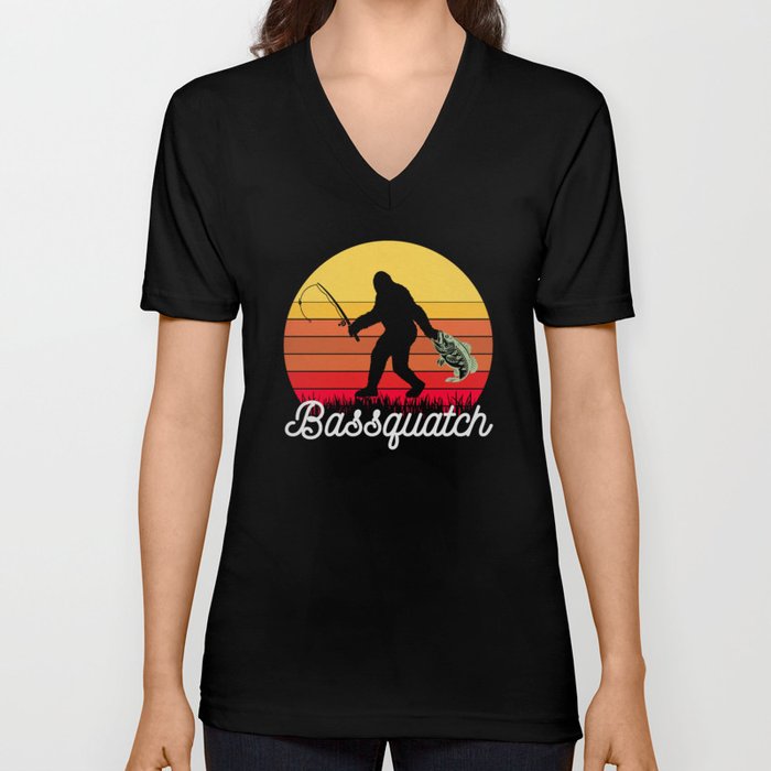 Retro Bassquatch Bigfoot Fishing V Neck T Shirt