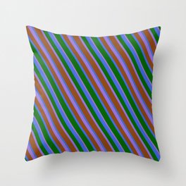 [ Thumbnail: Purple, Brown, Royal Blue & Dark Green Colored Stripes Pattern Throw Pillow ]