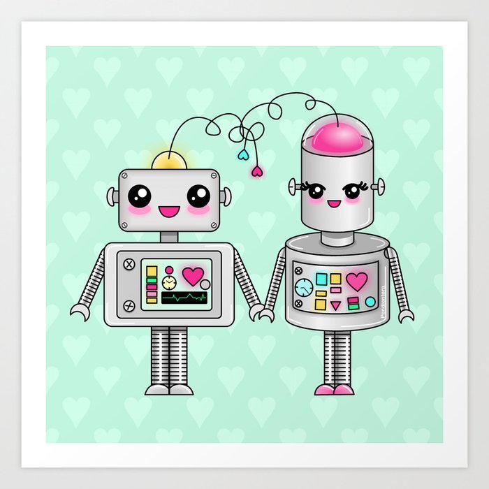 Cute Robots In Love Art Print By Pendientera Society6