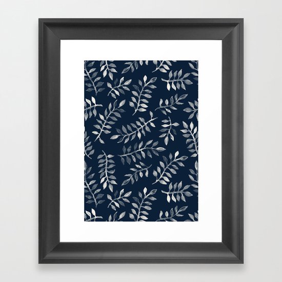 White Leaves on Navy - a hand painted pattern Framed Art Print