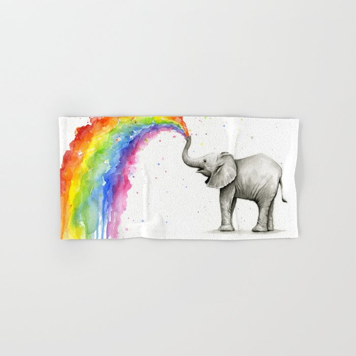 Baby Elephant Spraying Rainbow Hand Bath Towel by Olechka Society6