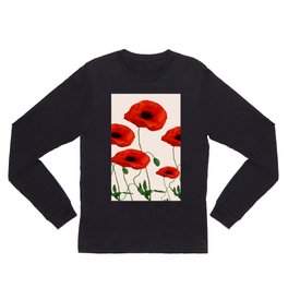 GRAPHIC RED POPPY FLOWERS ON WHITE Long Sleeve T Shirt | Florals, Acrylic, Moderndesign, Redflora, Poppybotanicals, Gardenart, Red, Digital Manipulation, Botanicalart, Digital 