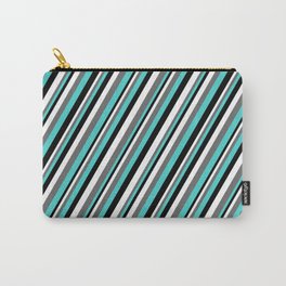 [ Thumbnail: White, Dim Gray, Turquoise, and Black Colored Lined Pattern Carry-All Pouch ]