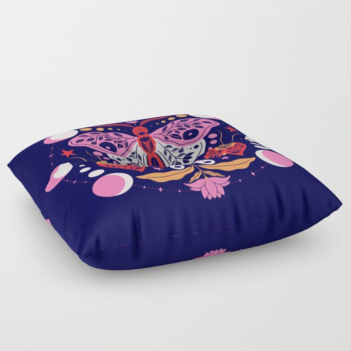 Blue Pink Botanical Lunar Moths Floor Pillow