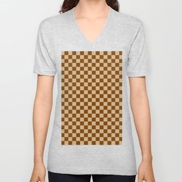 Tan Brown and Chocolate Brown Checkerboard V Neck T Shirt