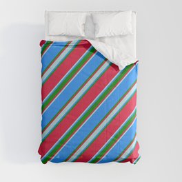 [ Thumbnail: Crimson, Powder Blue, Blue & Green Colored Pattern of Stripes Comforter ]