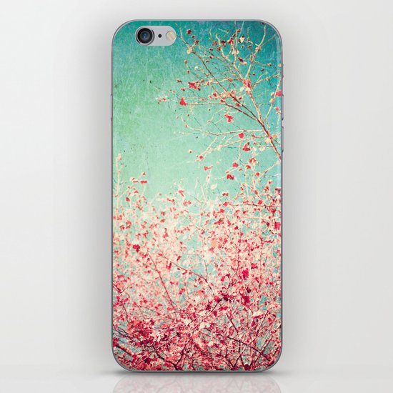 Blue Autumn, Pink leafs on blue, turquoise, green, aqua sky iPhone & iPod Skin