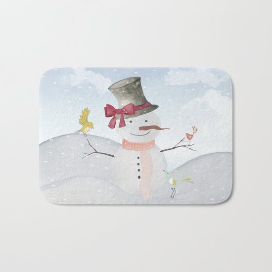 Winter Wonderland- Snowman and birds - Watercolor illustration Bath Mat