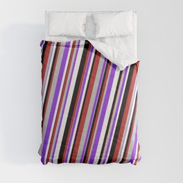 [ Thumbnail: Red, Grey, Purple, White & Black Colored Striped Pattern Comforter ]