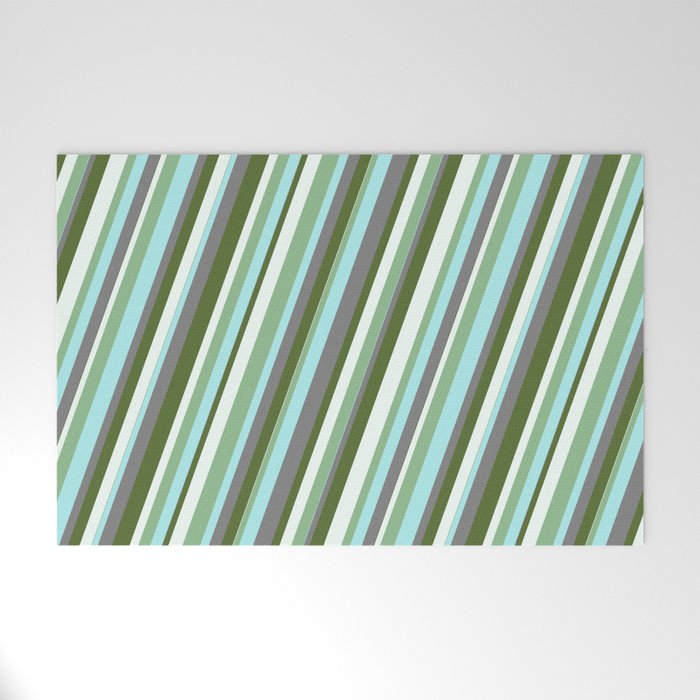 Vibrant Dark Olive Green, Mint Cream, Dark Sea Green, Turquoise & Grey Colored Stripes Pattern Welcome Mat