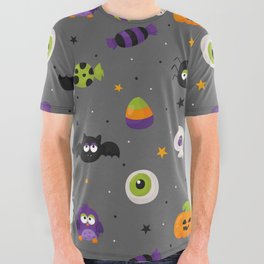 Halloween Seamless Pattern with Funny Spooky on Gray Background All Over Graphic Tee