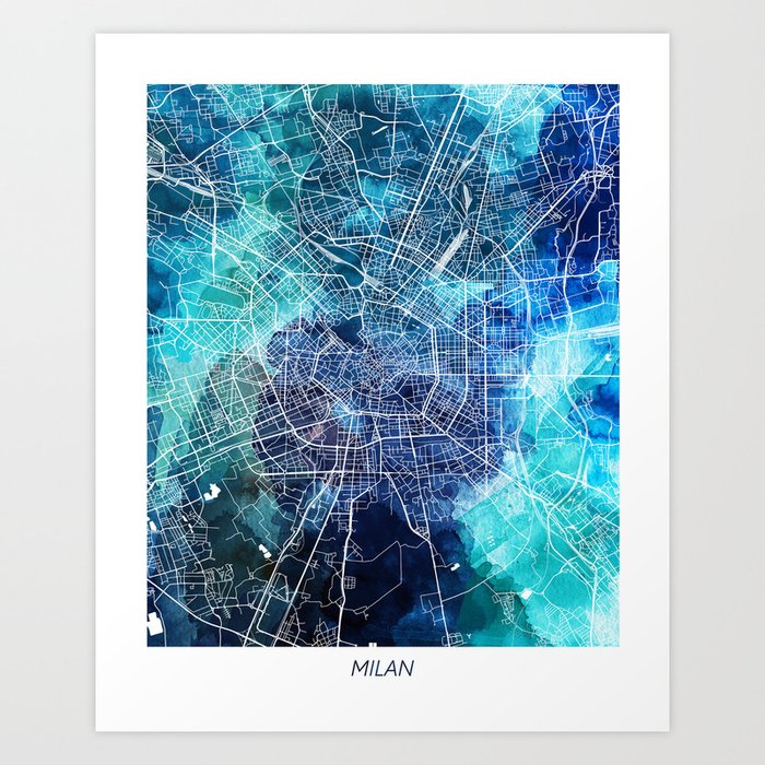 Milan Italy Map Navy Blue Turquoise Watercolor Art Print