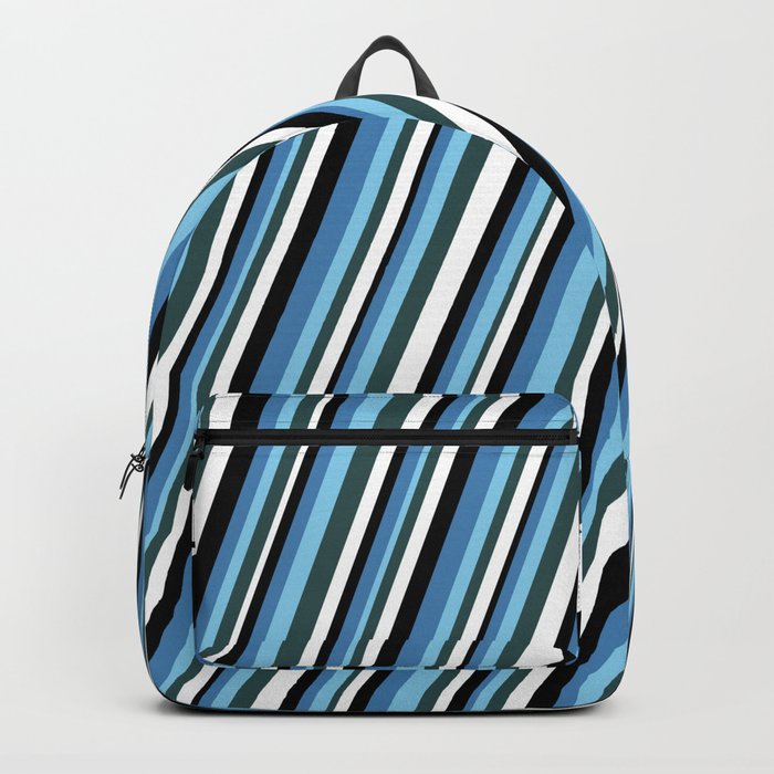 Eyecatching Blue, Sky Blue, Dark Slate Gray, White, and Black Colored Stripes Pattern Backpack