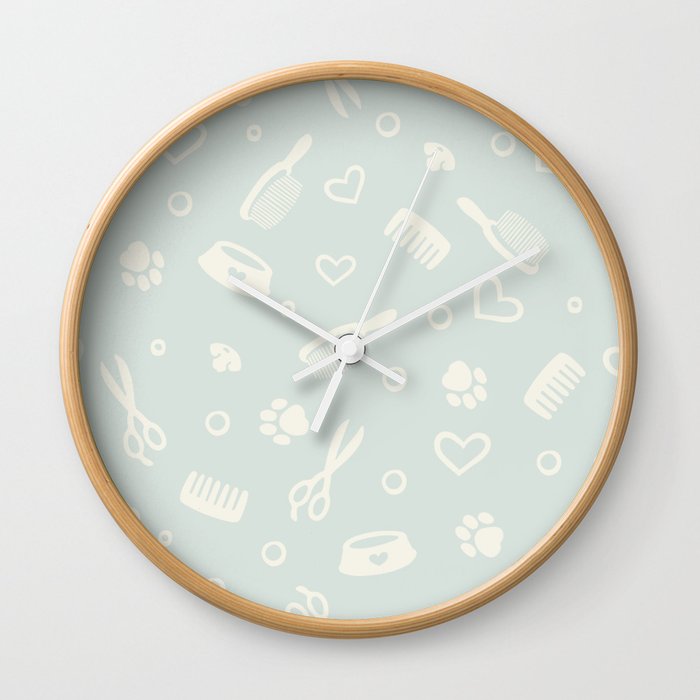 White Pet Hairdresser Tools on Pastel Vintage Mint Green Wall Clock
