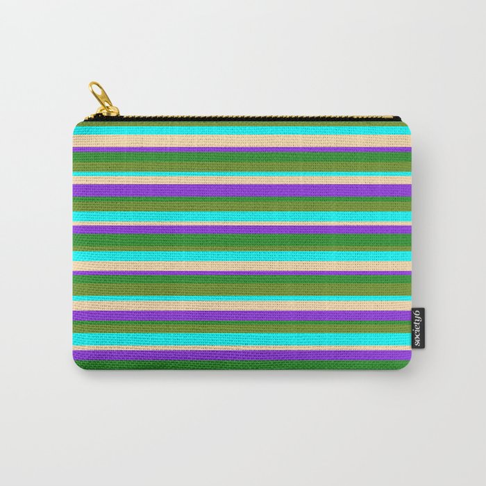 Vibrant Tan, Purple, Forest Green, Green & Aqua Colored Striped/Lined Pattern Carry-All Pouch