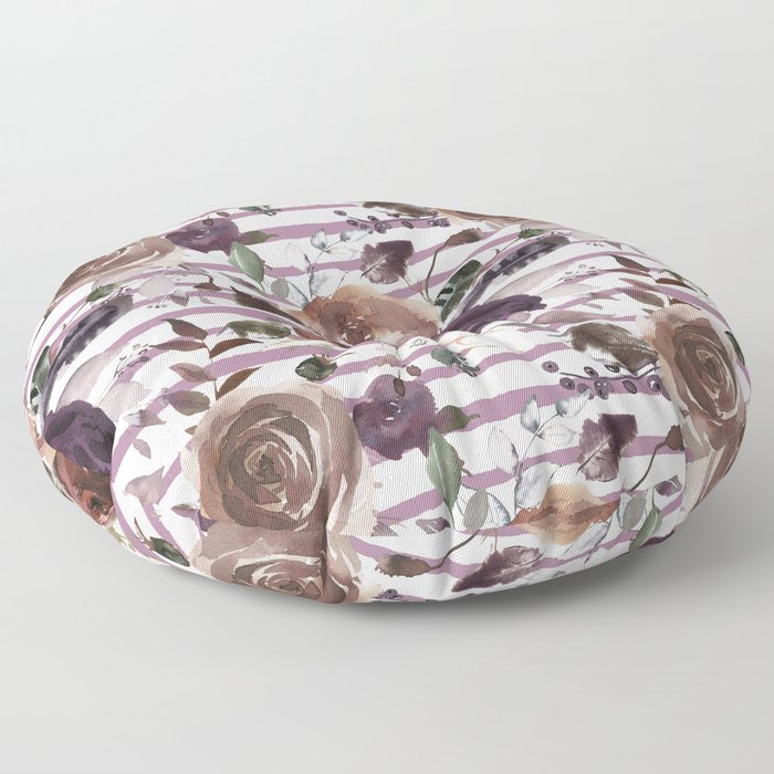 Lavender lilac brown watercolor botanical roses stripes Floor Pillow
