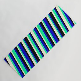 [ Thumbnail: Beige, Green, Blue, and Black Colored Striped/Lined Pattern Yoga Mat ]