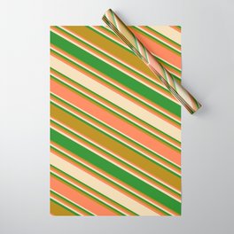 [ Thumbnail: Coral, Tan, Forest Green, and Dark Goldenrod Colored Stripes/Lines Pattern Wrapping Paper ]