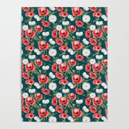 Daisy and Poppy Seamless Pattern on Teal Blue Background Poster