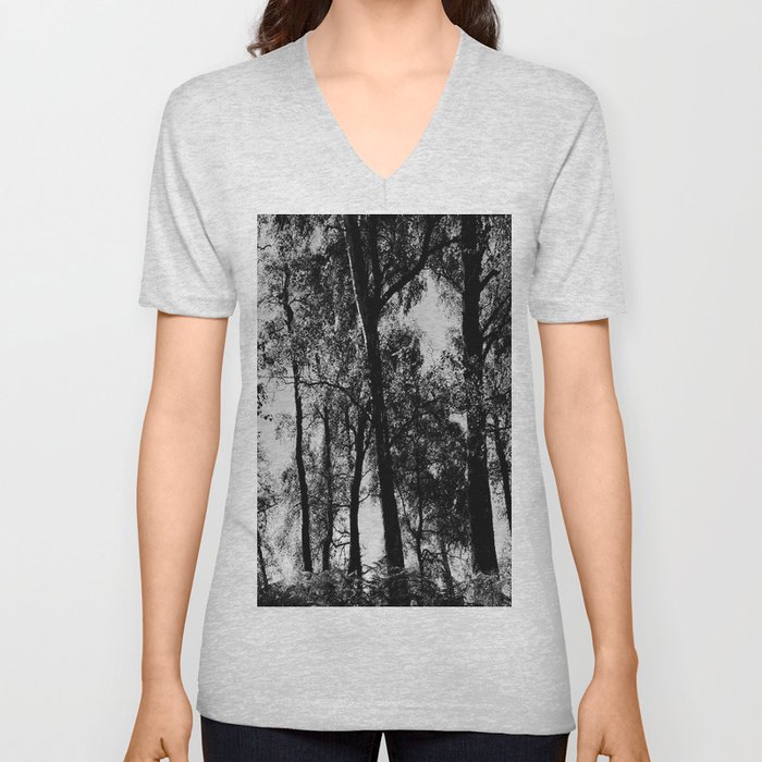 Summer Birch Trees in Black and White V Neck T Shirt