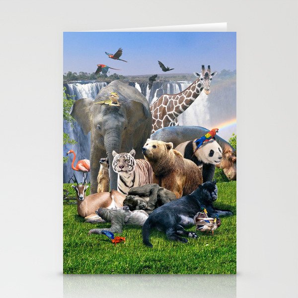 Animal Animals Rainbow Waterfall Group Scene Stationery Cards
