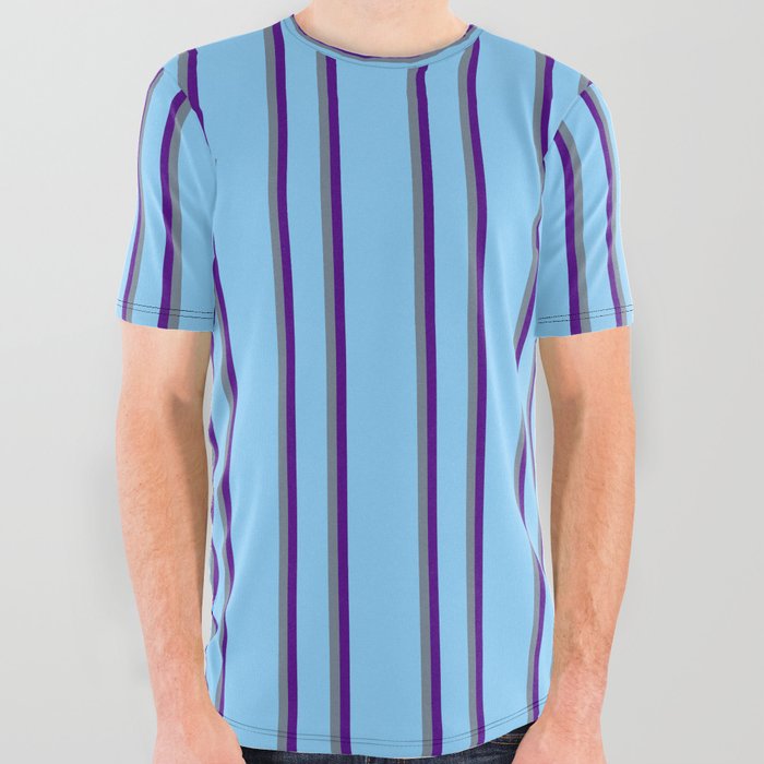 Light Sky Blue, Slate Gray, and Indigo Colored Lines Pattern All Over Graphic Tee