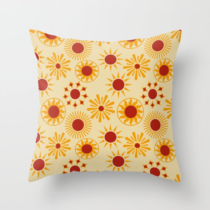 Mid Century Retro Sun Pattern - Carnelian and Orange Throw Pillow