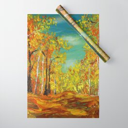 nature landscape teal blue sky yellow orange fall autumn sunny birch trees Wrapping Paper