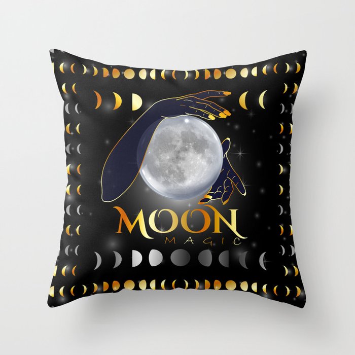 Moon phases mystical womans hands on full moon Throw Pillow