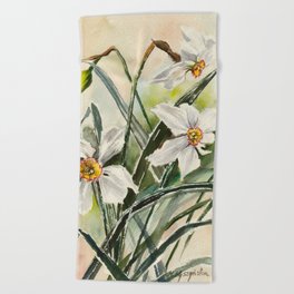 Daffodils Watercolor Painting Beach Towel