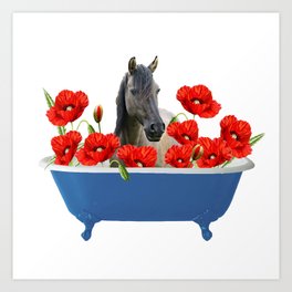 Grey Horse Poppies Blossom Flowers blue Bathtub Art Print