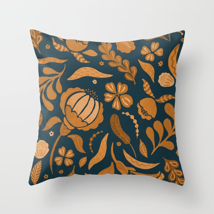 Gold and teal folk flowers Throw Pillow