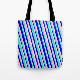 [ Thumbnail: Turquoise, Blue, and Pink Colored Lined/Striped Pattern Tote Bag ]
