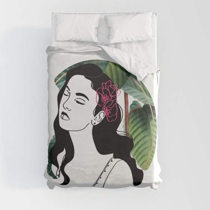 Woman with Flowers Abstract Line Art Duvet Cover