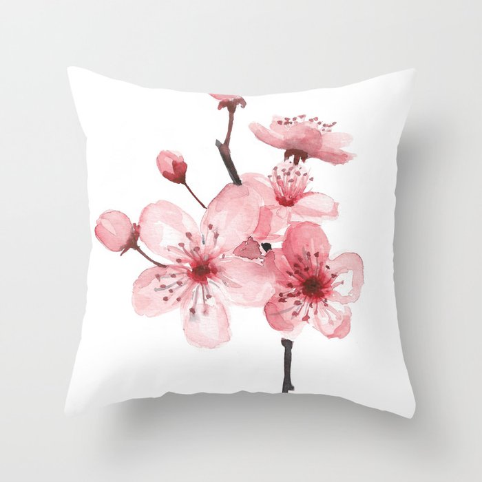 Cherry blossom watercolor Throw Pillow