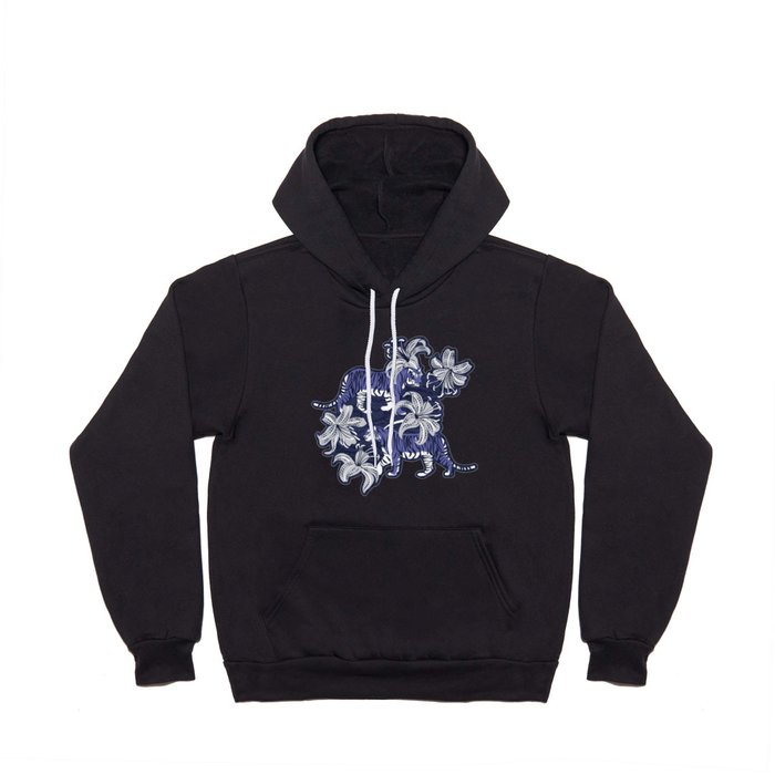 Tigers in a tiger lily garden // textured navy blue background very peri wild animals light grey flowers Hoody