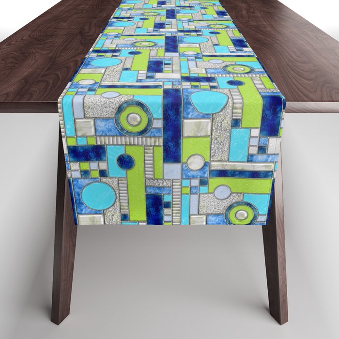 Stained Glass Window - Color Blocking - Aqua Blue Green Table Runner