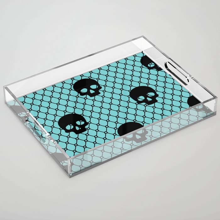 Black skulls Lace Gothic Pattern on Turquoise Mint Green Acrylic Tray