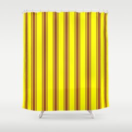 [ Thumbnail: Yellow and Sienna Colored Lined/Striped Pattern Shower Curtain ]