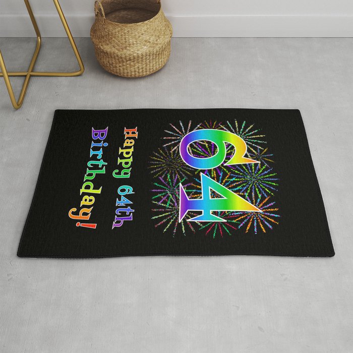 64th Birthday - Fun Rainbow Spectrum Gradient Pattern Text, Bursting Fireworks Inspired Background Rug