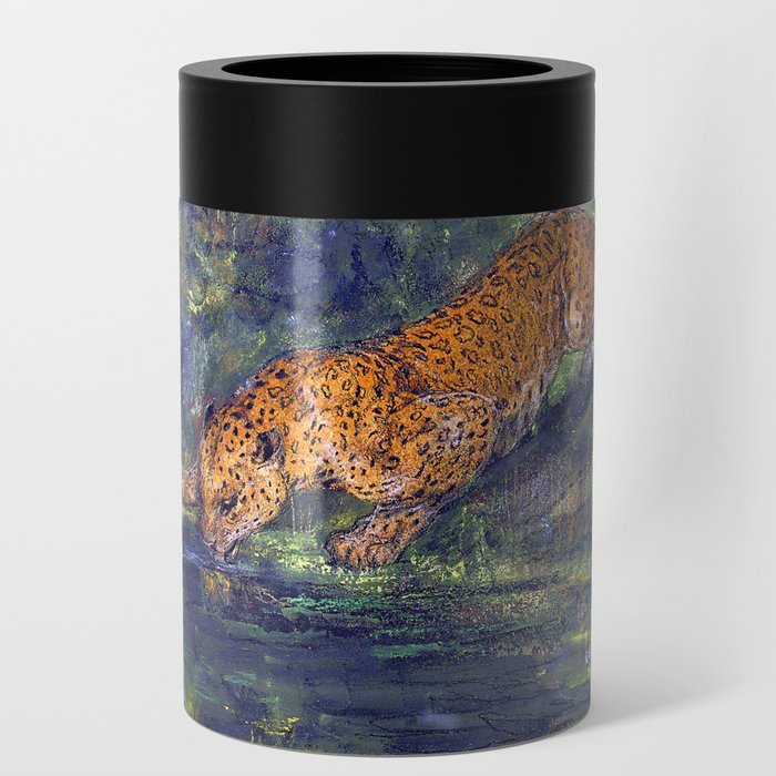 Leopard Drinking from a Stream in the Jungle by John Macallan Swan Can Cooler