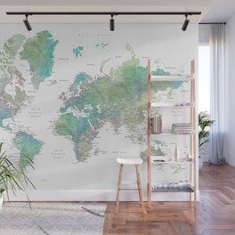 Watercolor world map in muted green and brown Wall Mural