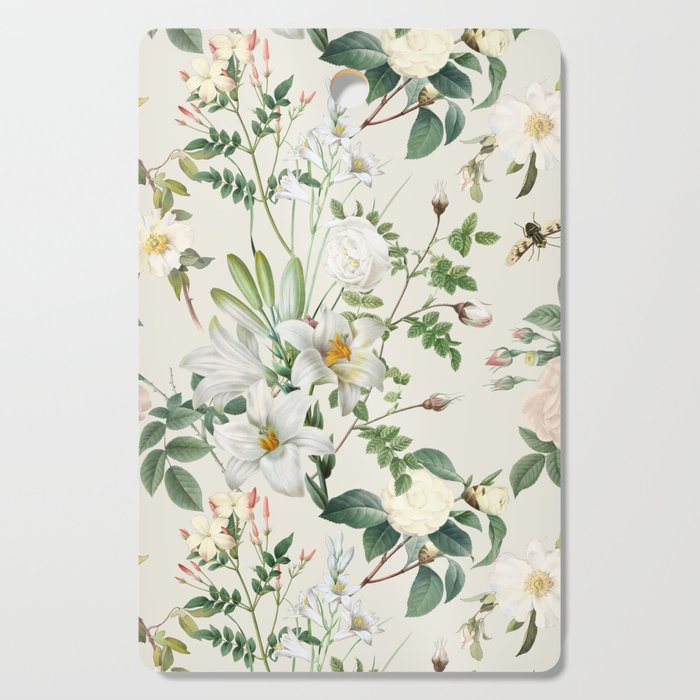 White Flowers Garden - Vintage Floral Botanical illustration collage at Alabaster pale color  Cutting Board