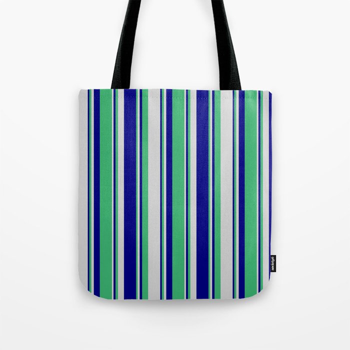 Blue, Sea Green, and Light Grey Colored Lines/Stripes Pattern Tote Bag