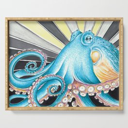 Blue Octopus Tentacles Kraken Retro Stripes Ink Art Serving Tray
