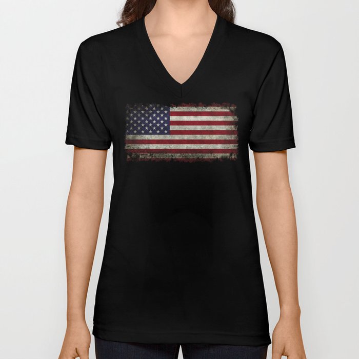 American Flag, Old Glory in dark worn grunge V Neck T Shirt