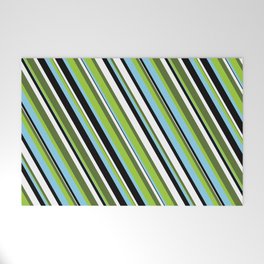 [ Thumbnail: Eye-catching Dark Olive Green, Green, Sky Blue, Black & White Colored Stripes/Lines Pattern Welcome Mat ]