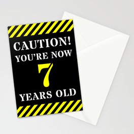 [ Thumbnail: 7th Birthday - Warning Stripes and Stencil Style Text Stationery Cards ]
