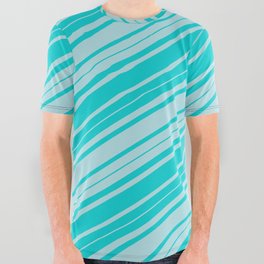 [ Thumbnail: Dark Turquoise & Powder Blue Colored Lined Pattern All Over Graphic Tee ]